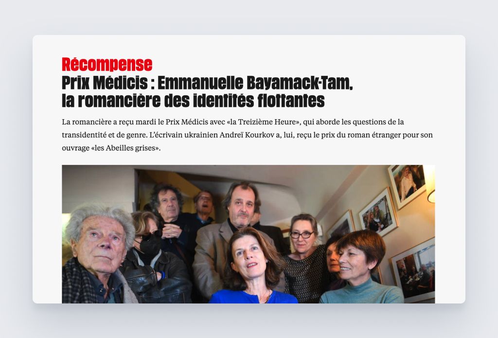Capture d'écran de l'article « Prix Médicis : Emmanuelle Bayamack-Tam, la romancière des identités flottantes » par Libération