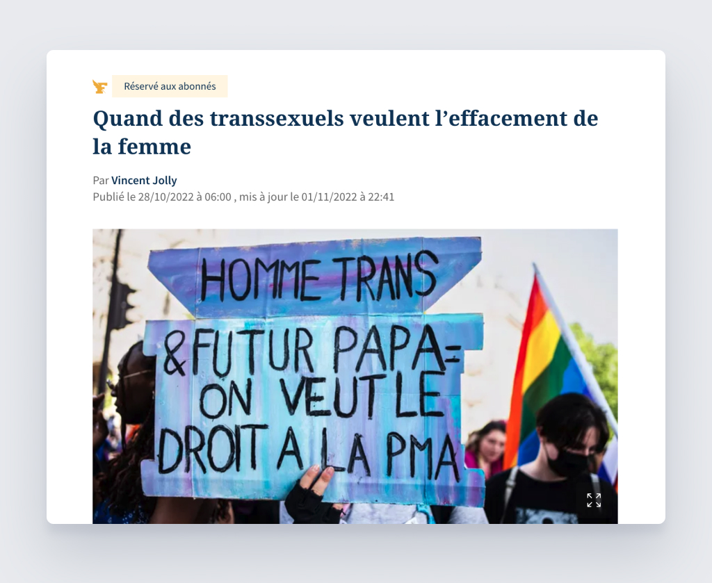 Capture d'écran de l'article « Quand des transsexuels veulent l’effacement de la femme » du Figaro