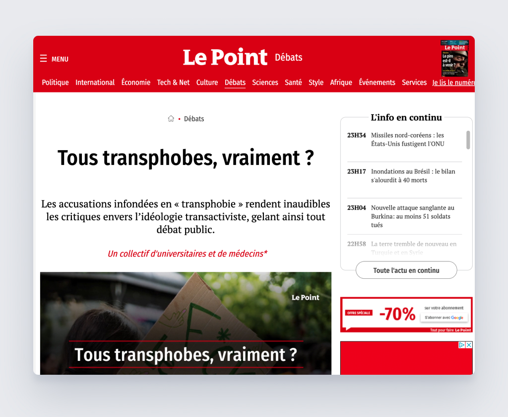 Capture d'écran de l'article « Tous transphobes, vraiment ? » par Le Point
